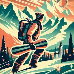 Vintage art deco ski snowboarder Best vintage, art deco wall art prints and posters uk aialchemyart.co.uk cubist winter snow and ice retro retro mountain alps scene