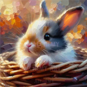 Baby bunny in a basket, Best vintage, art deco wall art prints and posters uk aialchemyart.co.uk retro 1950’s wall art super cute bunny rabbit wildlife animal nature art poster
