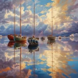 Fishing boats in harbour art print with boats at dusk in black metal frame Vintage art deco 1950’s wall art, calm sea art, best prints and posters in the uk aialchemyart.co.uk ocean sea yacht sailing art nautical marine poster art