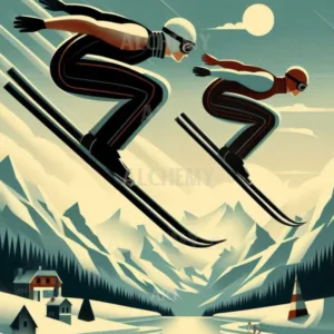 Dynamic Ski Jumpers art deco on Aialchemyart.co.uk snow art, Poster art, mountain alps wall art, best minimalist art nostalgic sports art, trending art deco styalised ski jumping art deco art 1950’s minimalist winter sports poster art