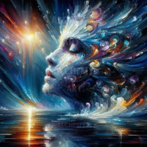 Ethereal head sea art abstract impasto surreal water woman muse head in sea ocean swirling retro sky, bright sun on horizon meaningful calming art Aialchemyart.co.uk Crashing blue waves
