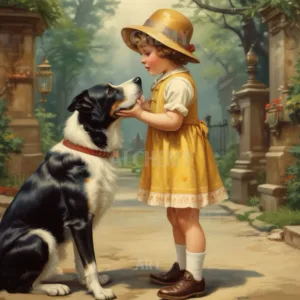 Girl and Her Dog art print on Aialchemyart.co.uk vintage retro art, Poster art, wall art, best art nostalgic art, trending vintage art deco art. Best vintage girl with yellow dress and her dog. Fine art prints 1950’s cute charming nostalgia retro art