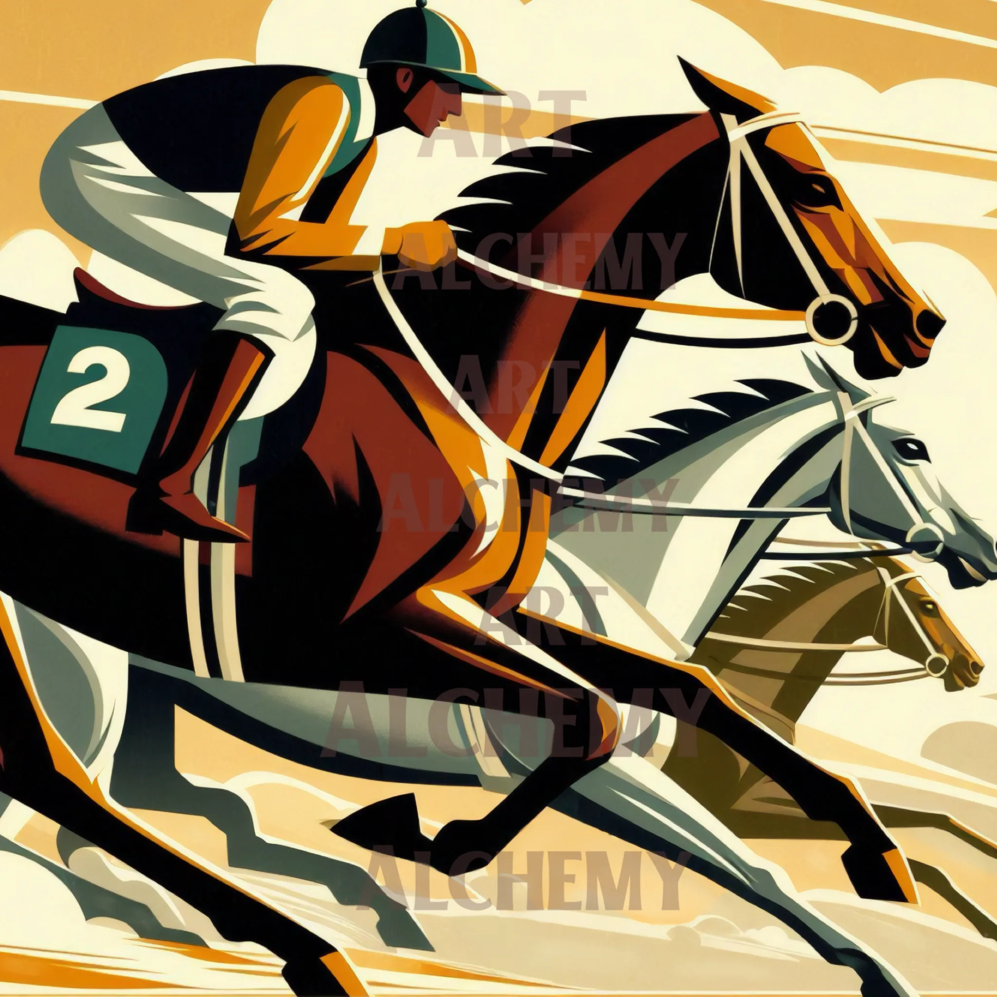 Horse Race Number 2 art print on Aialchemyart.co.uk vintage art, Poster art, vintage wall art, best nostalgic art, trending vintage art deco art 1950’s retro wall art best prints and posters in uk, horse and jockey animal art