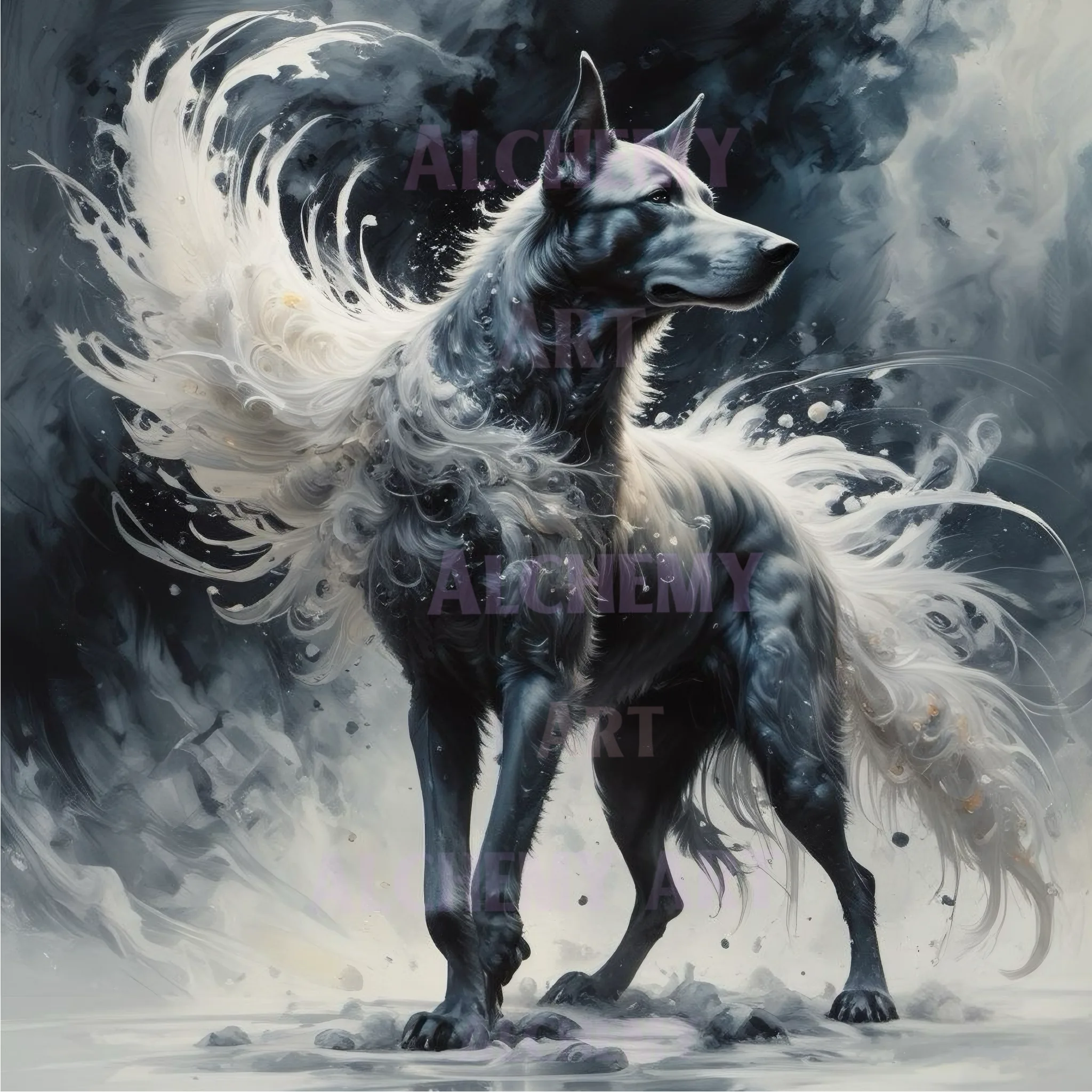 Vintage hound of heaven dog art. Aialchemyart.co.uk best art deco, retro wall art in uk, prints and poster art 1950’s ethereal hound of heaven animal art black and white canine art man’s best friend dog animal black and white