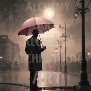 Man with pink umbrella vintage Poster - art designed by Aialchemyart.co.uk retro art, Poster art, art deco wall art, best trending 1950’s nostalgic art, trending art mood art in the rain art for men, man standing in rain art
