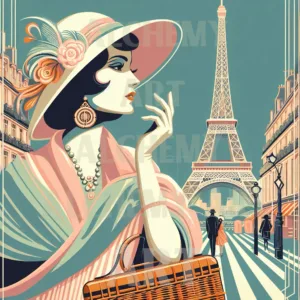 Paris woman Best travel art, Eiffel Tower, French woman muse sightseeing Paris, wall art prints and posters uk aialchemyart.co.uk trending art vintage, pink and blue pastel chic