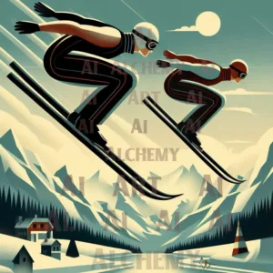 Ski Jumpers art print on Aialchemyart.co.uk ai art, Poster art, ai wall art, best ai art nostalgic ai art, trending ai intake art deco art