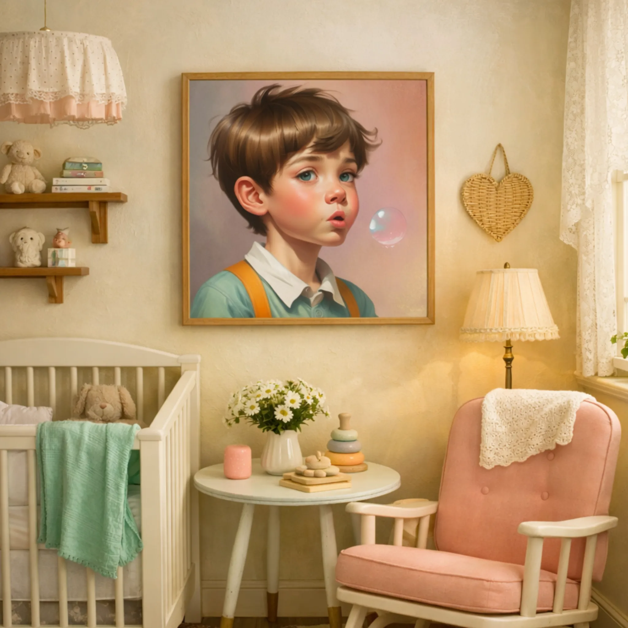 Vintage 1950’s prints and poster wall art Bubble Boy Poster - art print on Aialchemyart.co.uk art, Poster art, retro whimsical wall art, best vintage sentimental art nostalgic vintage art deco art, boy with braces cute charming art