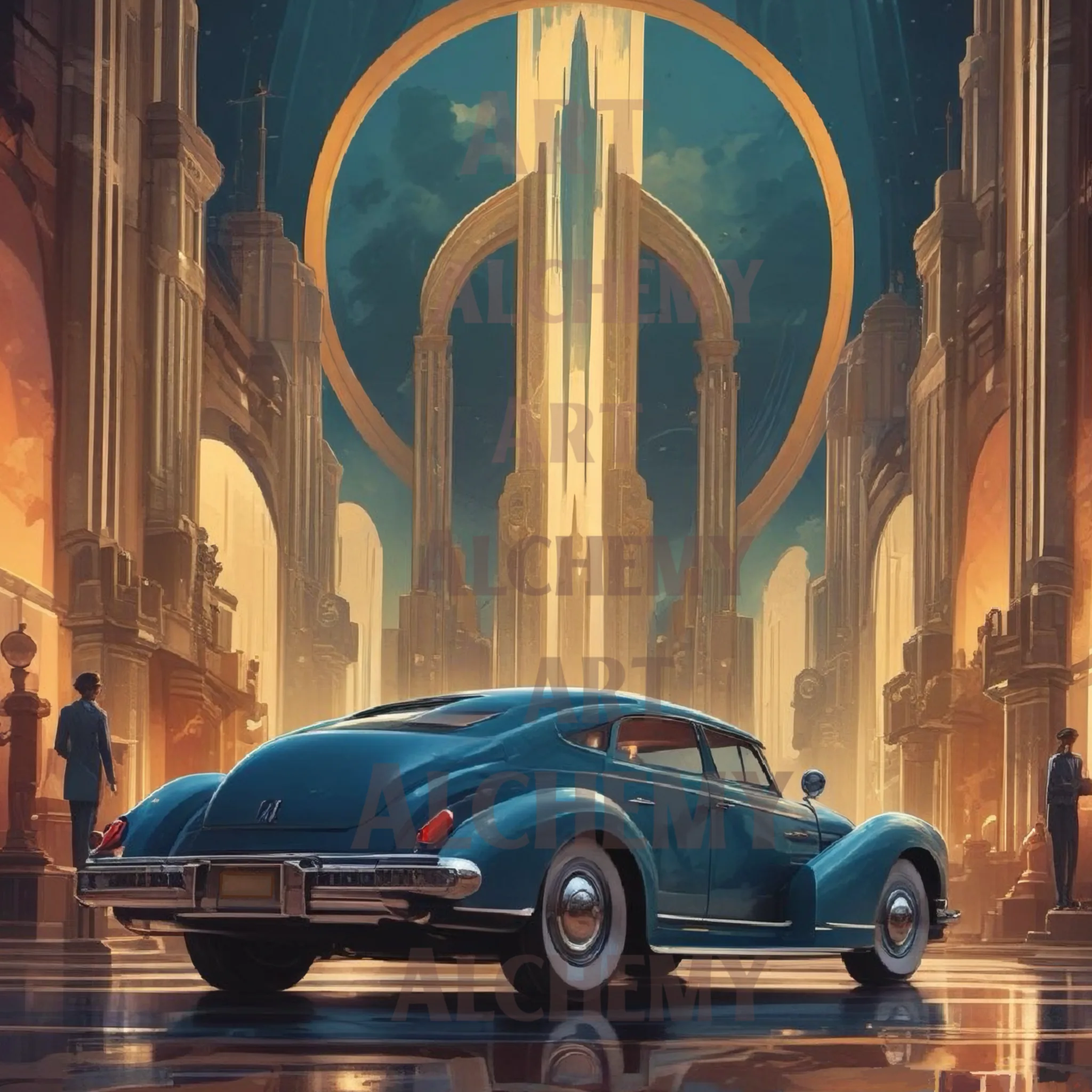 Vintage art deco blue car Best vintage, art deco wall art prints and posters uk aialchemyart.co.uk Art deco car