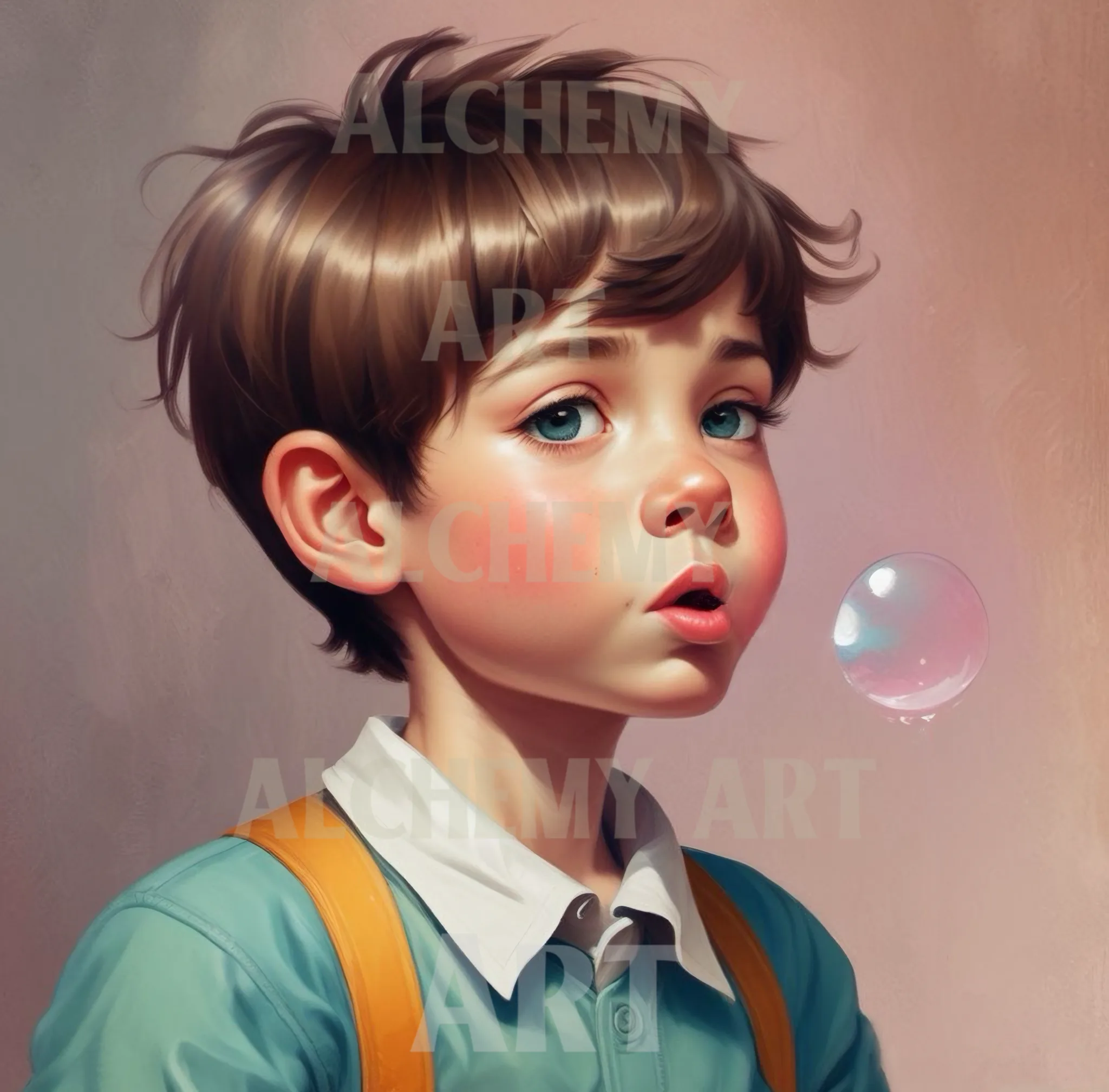 Vintage 1950’s prints and poster wall art Bubble Boy Poster - art print on Aialchemyart.co.uk art, Poster art, retro whimsical wall art, best vintage sentimental art nostalgic vintage art deco art, boy with braces cute charming art