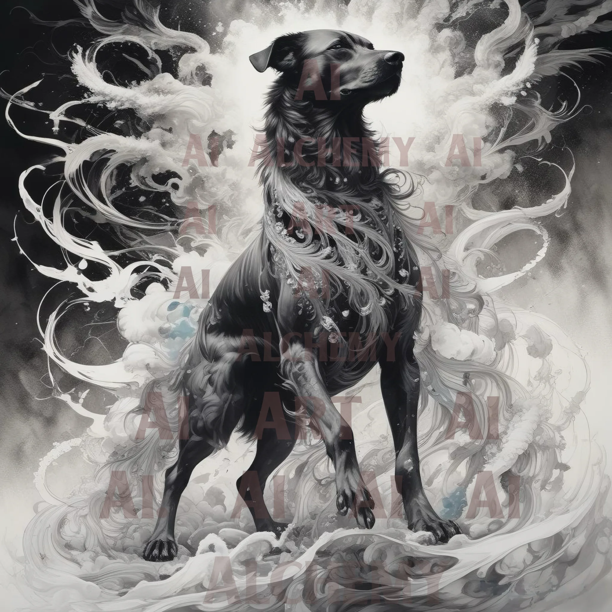 Vintage hound of heaven dog art. Aialchemyart.co.uk best art deco, retro wall art in uk, prints and poster art 1950’s ethereal hound of heaven animal art