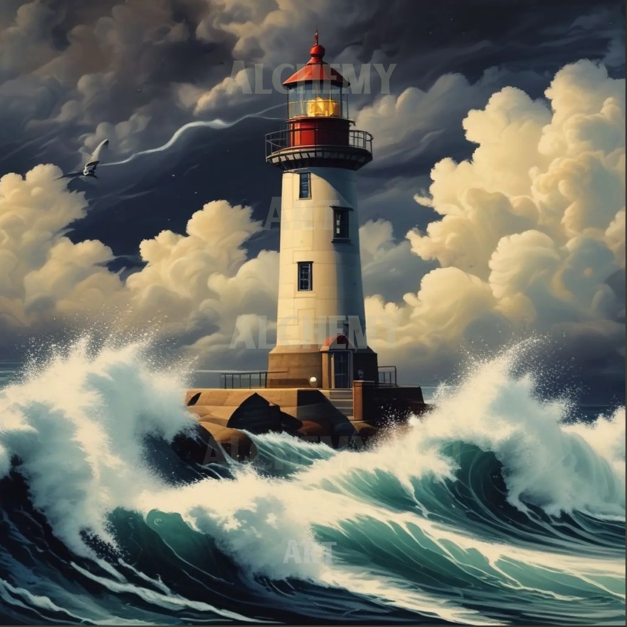 Stormy Lighthouse art print on Aialchemyart.co.uk sea art, Poster art, vintage Strorm wall art, best cloud art nostalgic 1950’s retro ocean art, trending vintage art deco art mid century retro wall art deco sea art dark clouds at night, moody crashing waves in storm