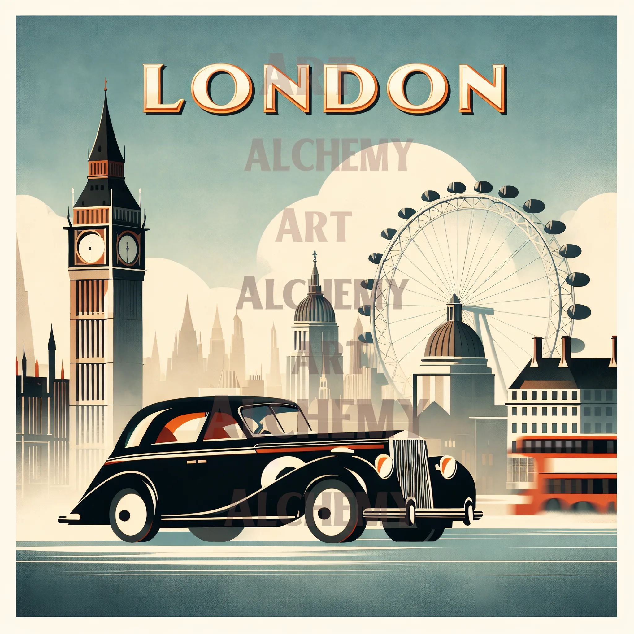 Vintage art deco art poster of London, london landmarks, Art deco car, - art print on Aialchemyart.co.uk art, Poster art, vintage wall art, best retro art nostalgic art, trending art, London England 1950’s retro travel poster