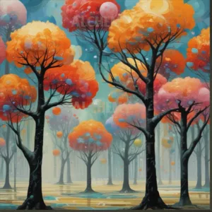 Abstract orange trees in forest. Surreal Vintage art deco 1950’s wall art, best prints and posters in the uk nature orange trees art, aialchemyart.co.uk surreal nature country mystical haunted trees art
