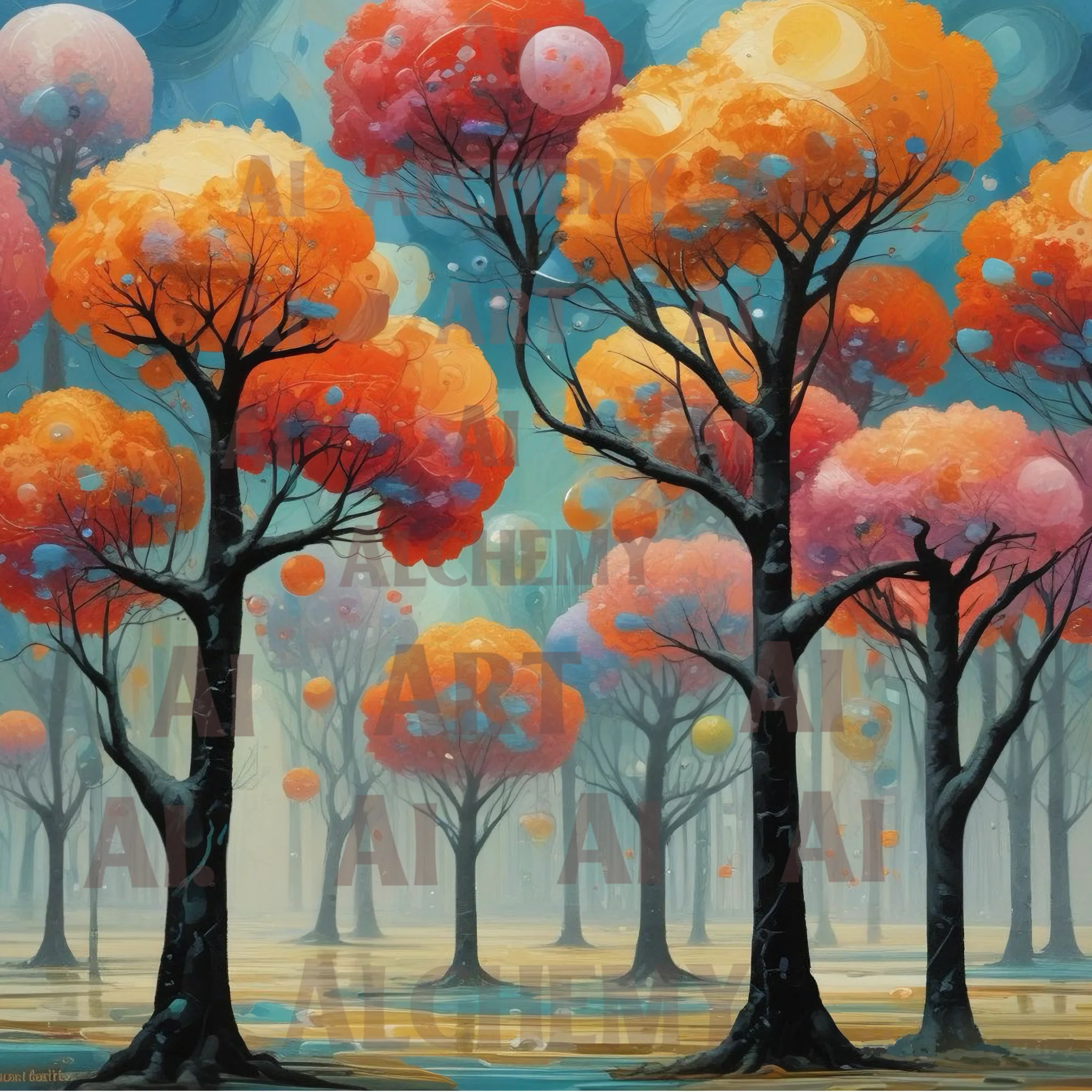 Abstract forest trees Vintage art deco 1950’s wall art, best prints and posters in the uk ai art, aialchemyart.co.uk