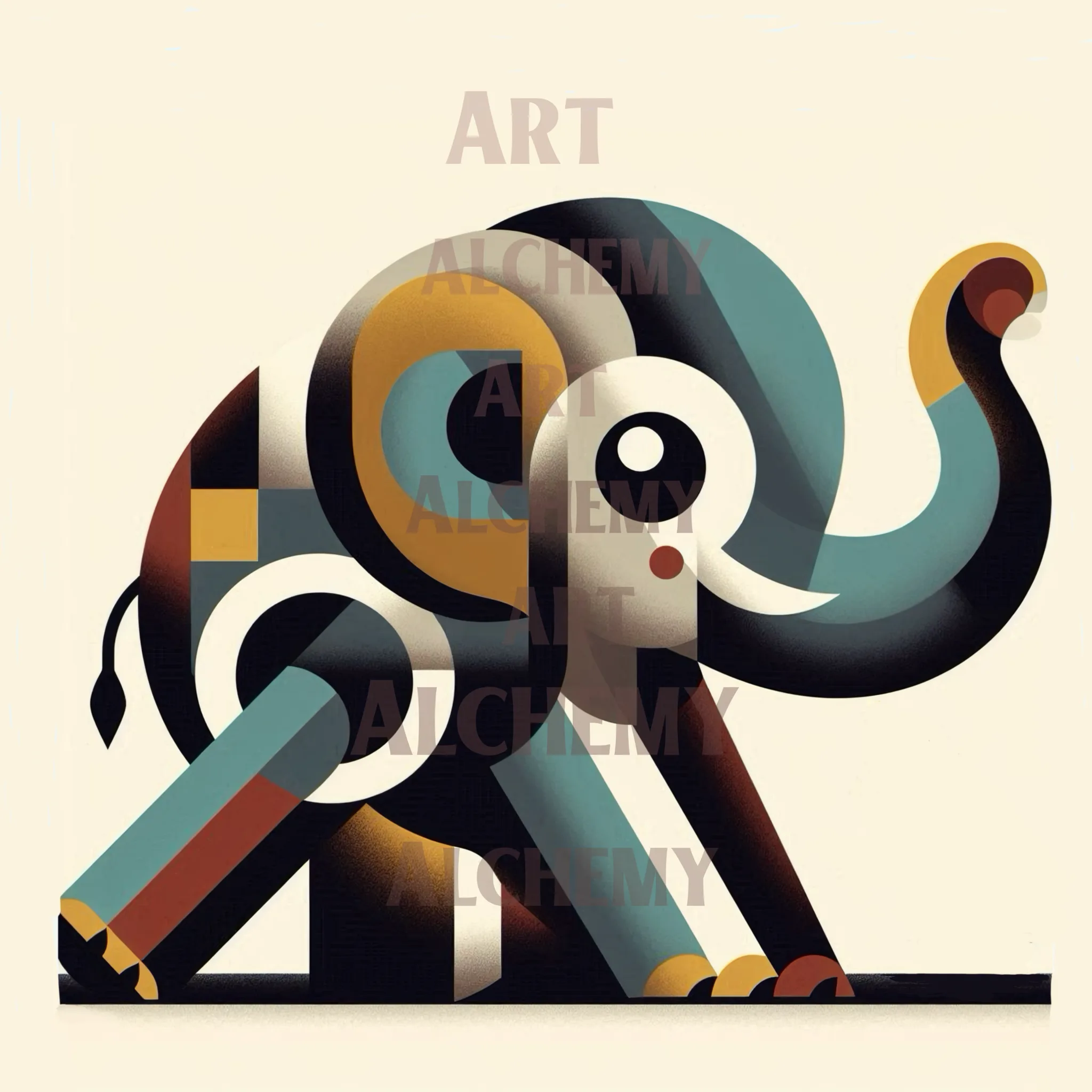 vintage-art-deco-geometric-elephant, whimsical abstract art print for home decor, interior design classic wall art print Vintage art deco 1950’s wall art, best prints and posters in the uk aialchemyart.co.uk cute cubist animal art