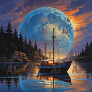 Best vintage art Deco ai prints and poster wall art for sale in the uk aialchemyart Co.uk big BLUE MOON WITH BOAT