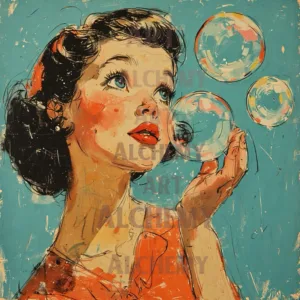 vintage 1950’s girl with bubbles Vintage art deco 1950’s wall art, best prints and posters in the uk aialchemyart.co.uk