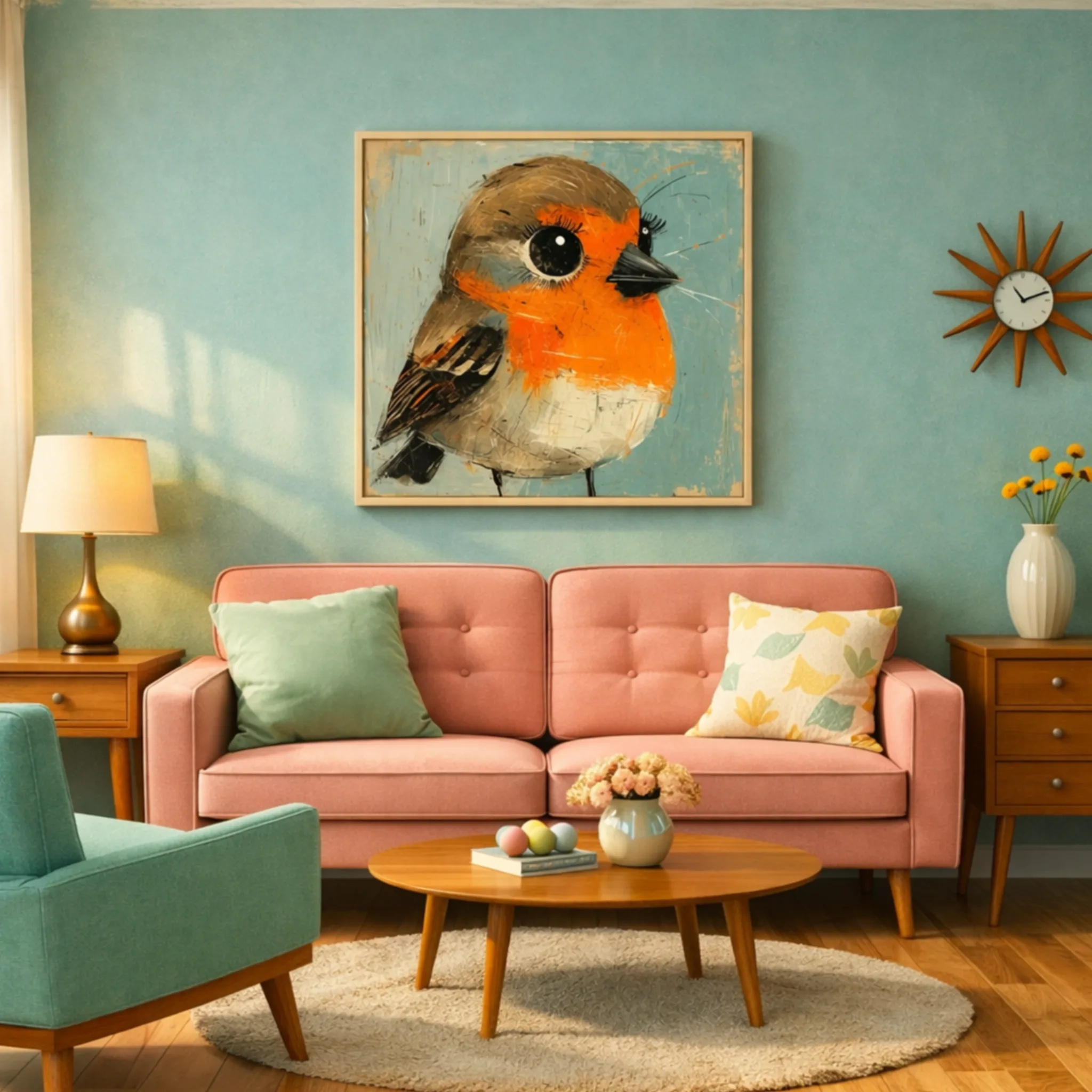 Cute Robin bird art print on Aialchemyart.co.uk red breast Robin portrait in profile. Nostalgic wildlife art whimsical feather ethereal bird ornithology retro wall art