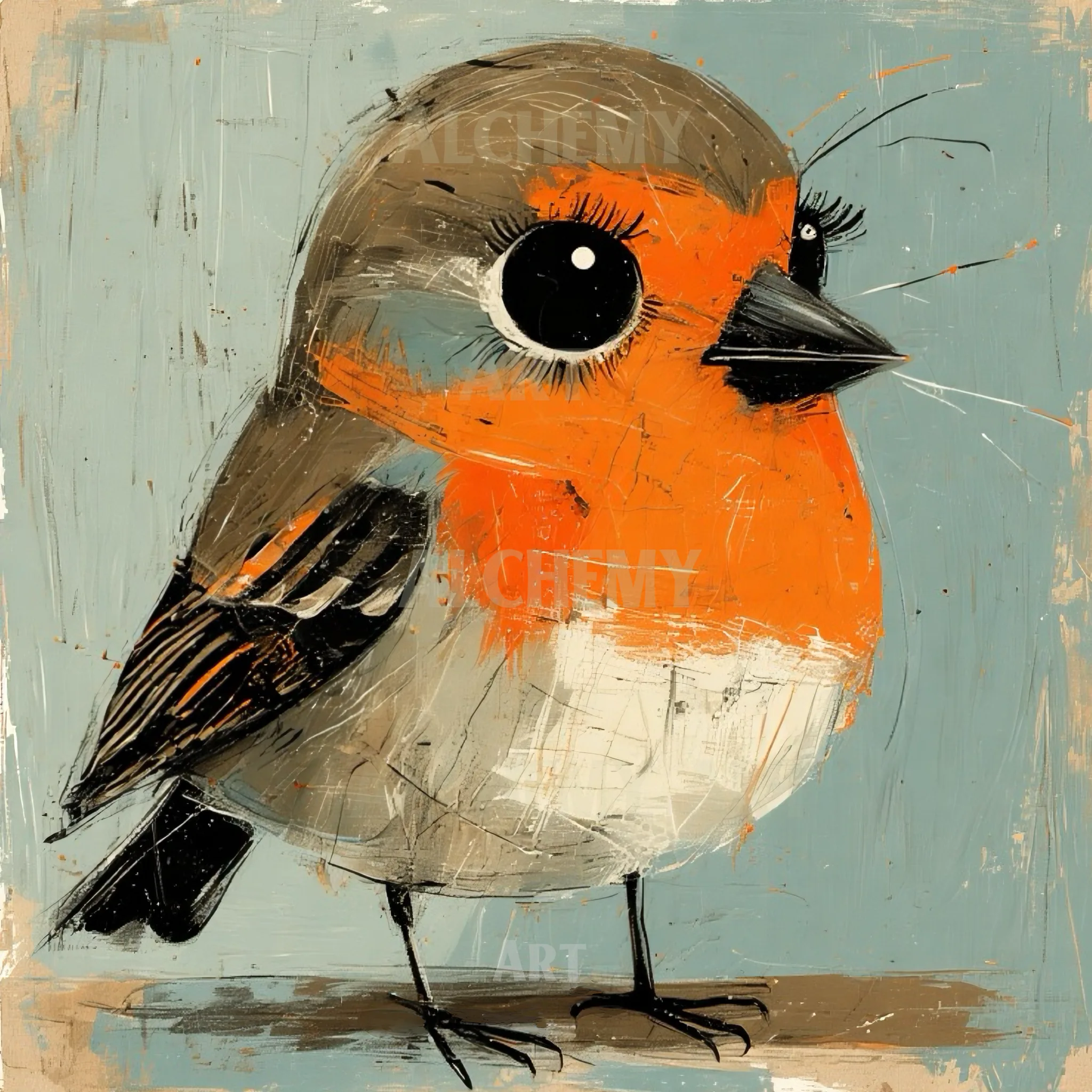 Cute Robin bird art print on Aialchemyart.co.uk red breast Robin portrait in profile. Nostalgic wildlife art whimsical feather ethereal bird ornithology retro wall art