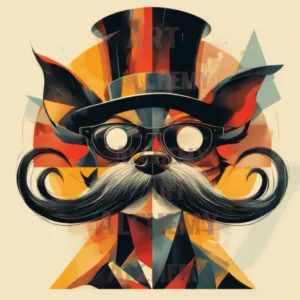 poster-vintage-whimsical-dog-abstract-art-deco-cubist-design-with-top-hat-moustache-aialchemyart.co.uk-retro-vintage-dog-art-funky-quirky-handlebar-hound-with-moustache-1950’s anthropomorphic dog