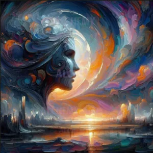 Ethereal head sea art abstract impasto surreal water woman muse head in sea ocean swirling retro sky, bright sun on horizon meaningful calming art Aialchemyart.co.uk