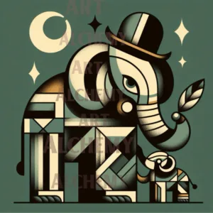 vintage Art Deco geometric cubist elephant whimsical art, best vintage, retro, wall art, prints and posters uk. Best vintage animal art