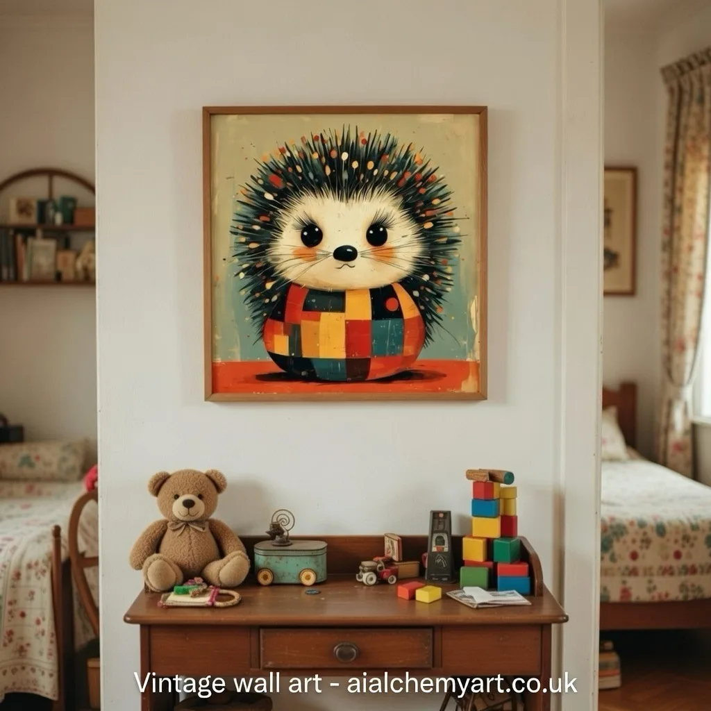 Wall art poster cute vintage whimsical hedgehog art print on Aialchemyart.co.uk ai art, Poster art, ai wall art, best ai art nostalgic ai art, trending ai vintage art deco art