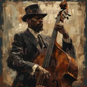 Metal Framed Picture - vintage 1950’s blues upright bass player, ai art, wall art, vintage art, art deco AIAlchemyArt.co.uk