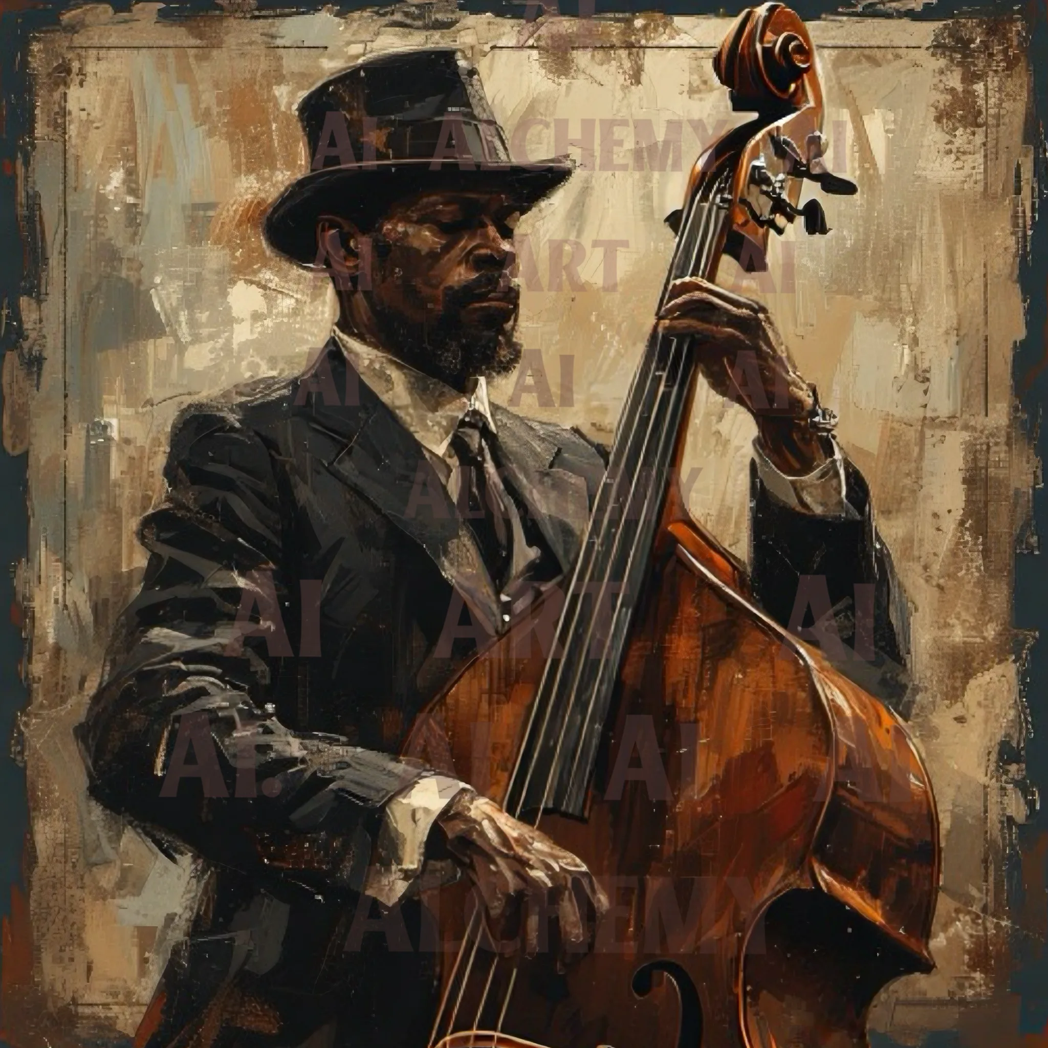 Metal Framed Picture - vintage 1950’s blues upright bass player, ai art, wall art, vintage art, art deco AIAlchemyArt.co.uk