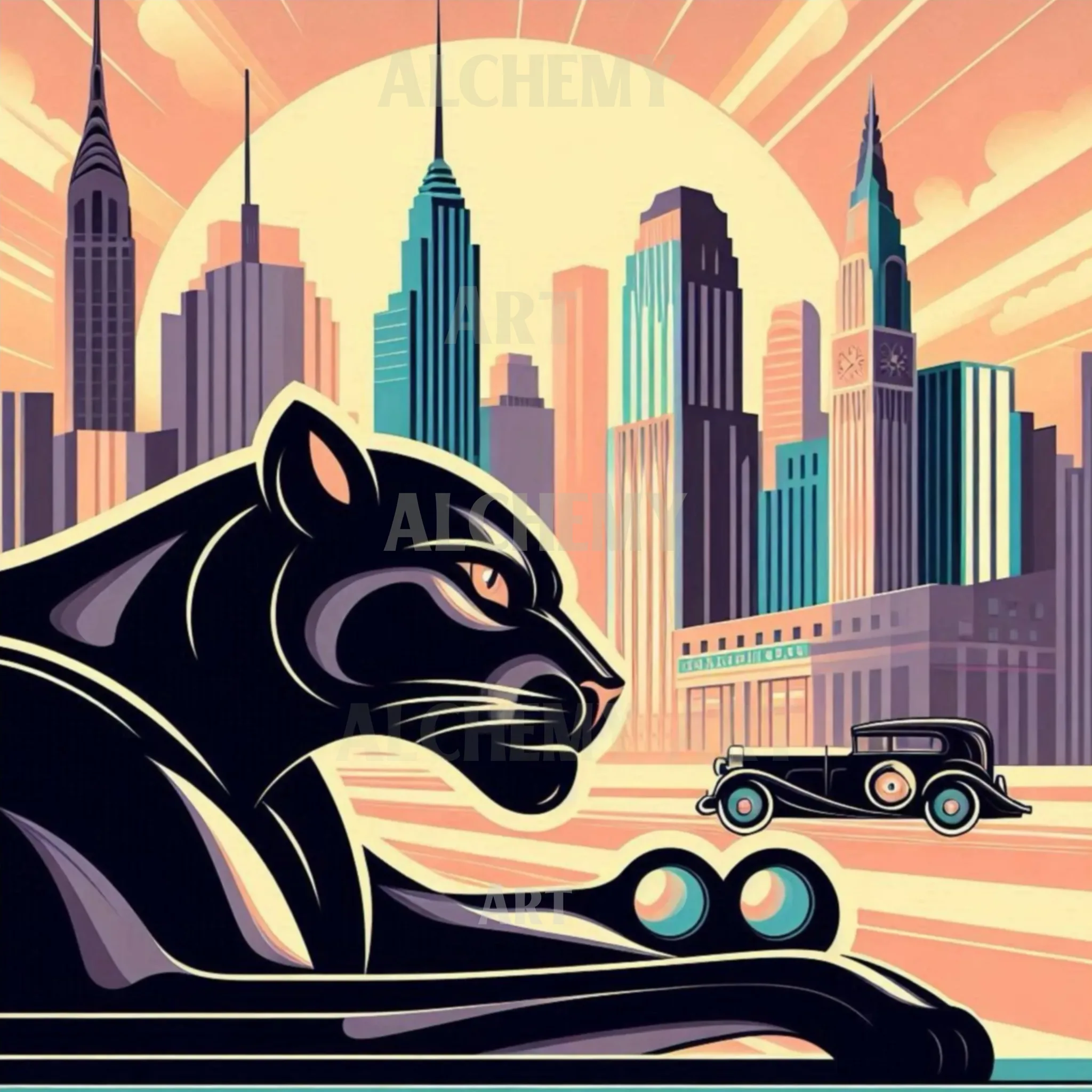 Art deco Panther sleek Minimalist Art Deco black panther art print on Aialchemyart.co.uk retro 1950’s art, Poster art, wall art, best art nostalgic art, mid century modern atomic 1950’s, big cat city sleek animal art, pop art metropolis vintage car
