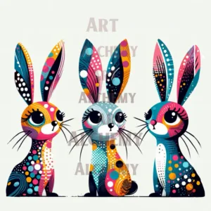 Colourful bunny rabbits. Vintage art. Wall art. Best prints and posters in the uk. Vintage, art deco. Cute animal polka dot art, best vintage wall art. Aialchemyart.co.uk retro whimsical animals