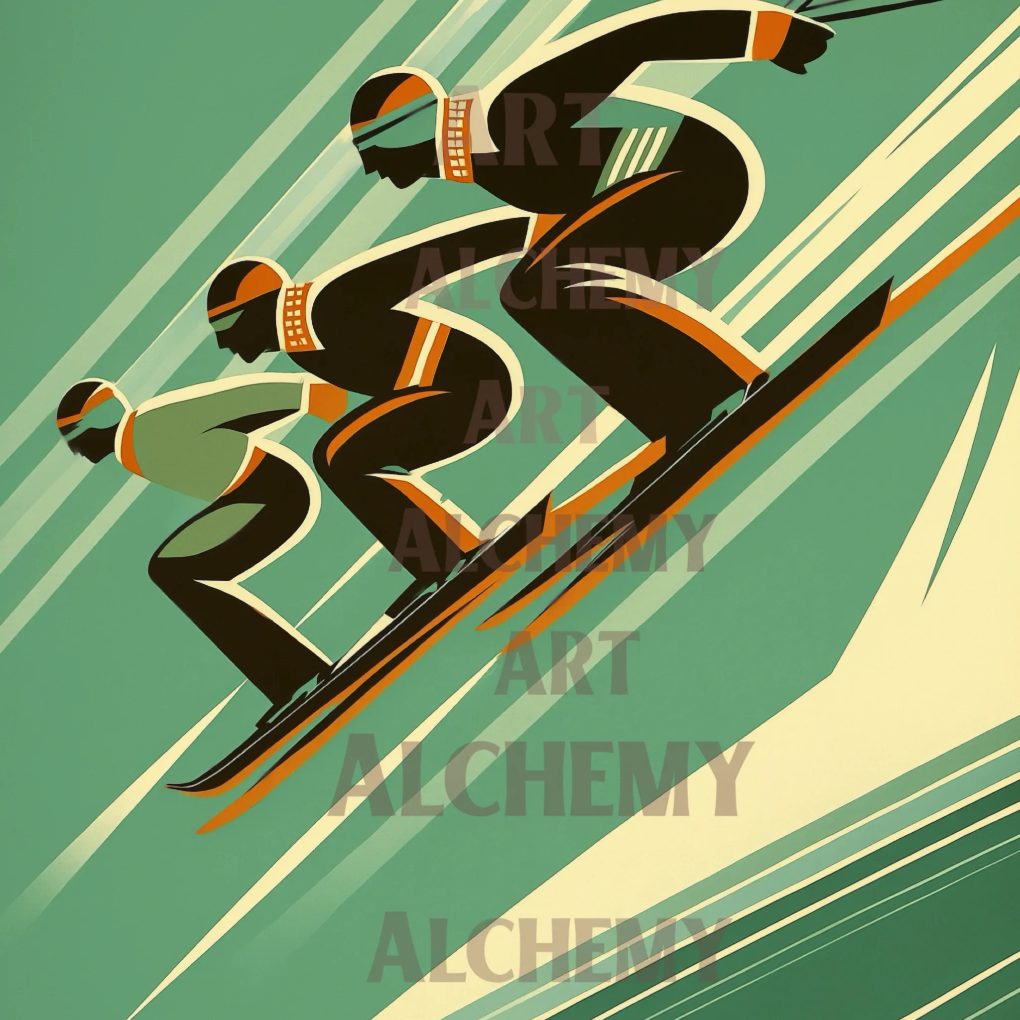 The_Ski_Jumpers_ art deco vintage prints and posters, wall art, retro 1950’s art aialchemyart.co.uk ski snow alps