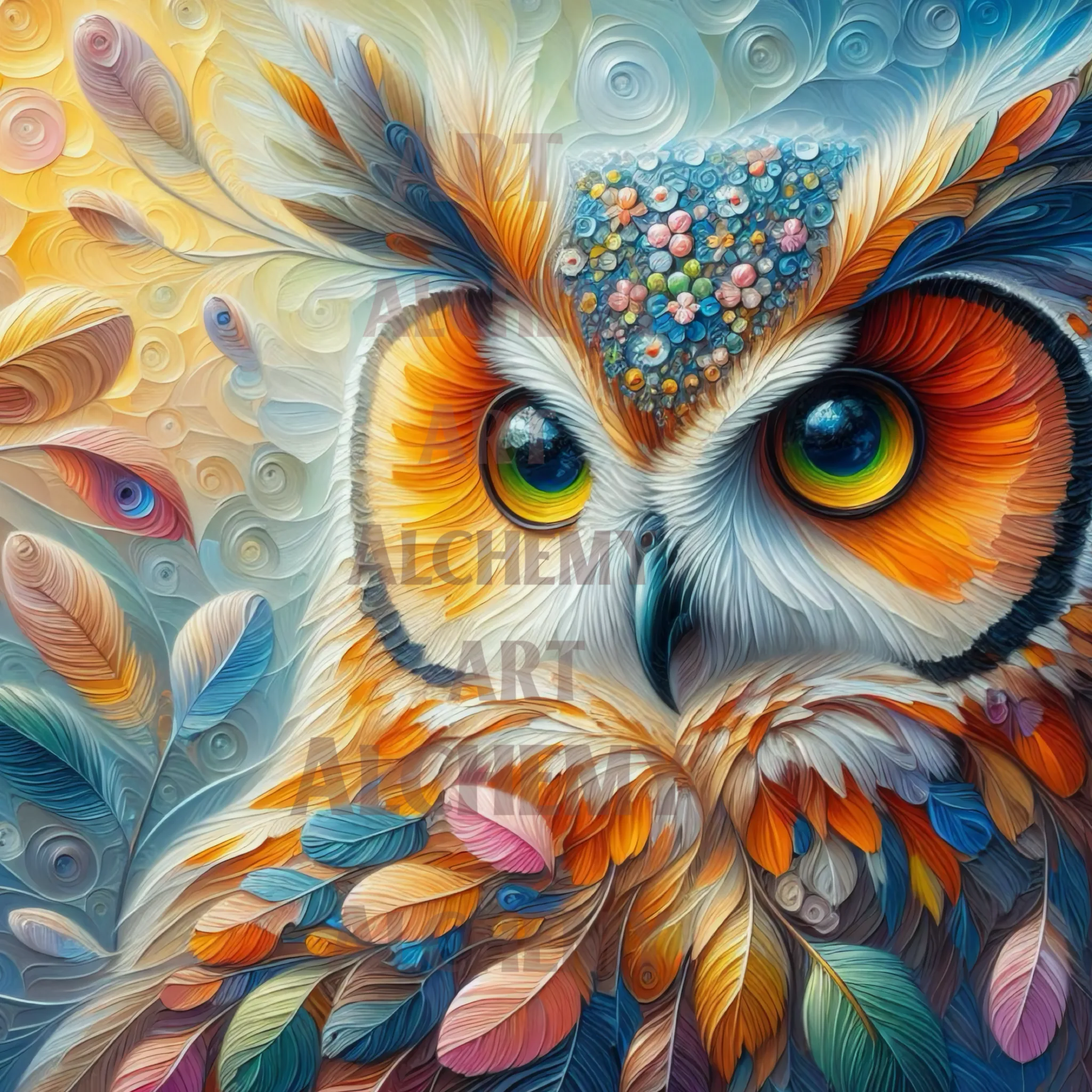Wise owl with stunning feathers. aialchemyart.co.uk best ai prints and posters in the uk and world, best vintage feather quirky retro art, best art deco, vintage trending art, gift art, vintage art for sale, whimsical animal art
