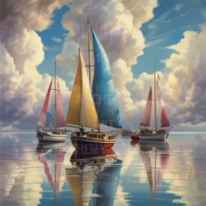 Yachts on Cloudy calm sea, boats ocean yacht harbour art, best sailing art , Stunning Yacht Poster – Vibrant Sail colours on Calm Sea - Perfect for Boat Lovers aialchemyart.co.uk wall art prints, vintage art, art deco retro reflective sea art nautical