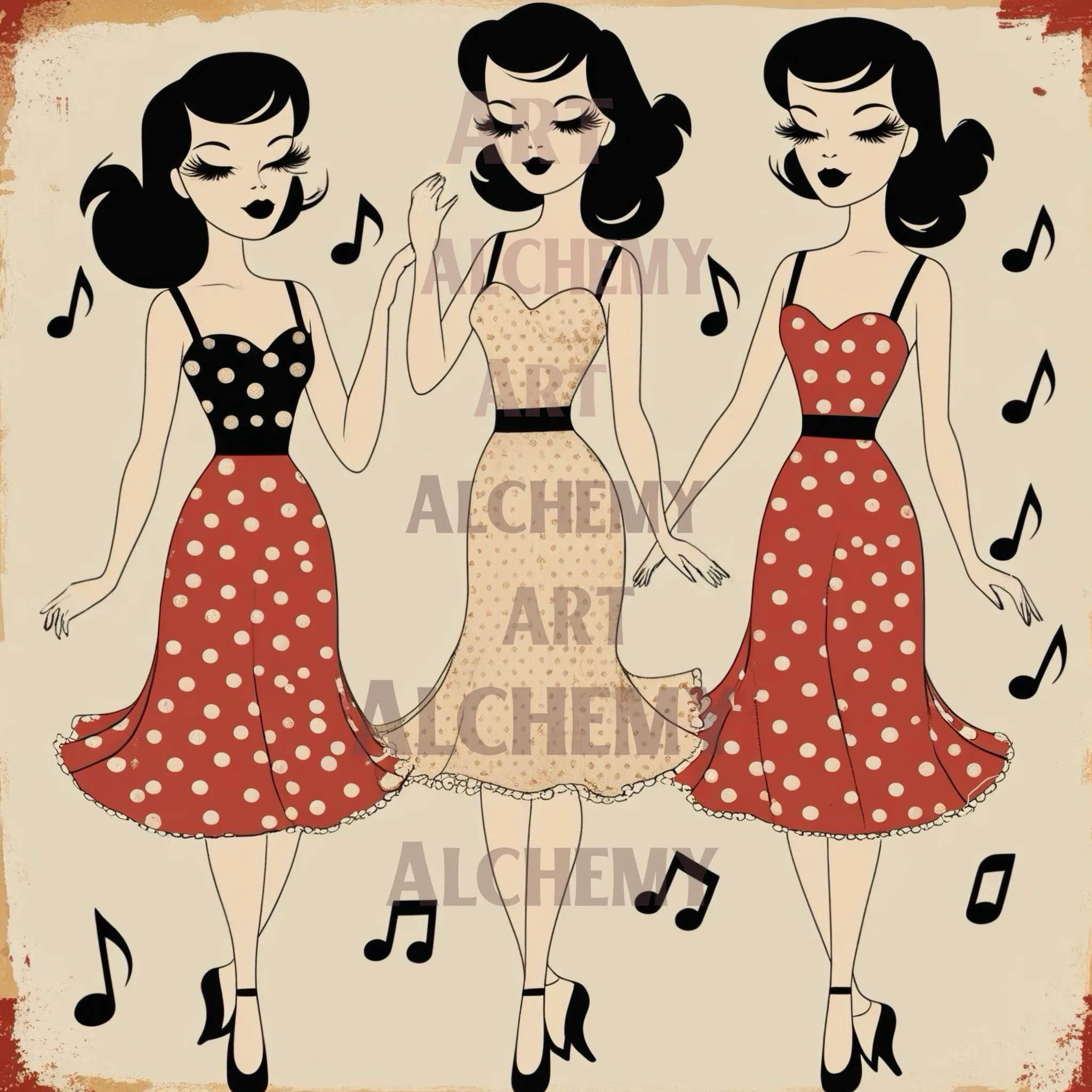 Classic 1950's Girls aialchemyart.co.uk vintage, retro, art deco wall art. Best retro prints and posters in the uk, polka dot mid century modern dancing girls