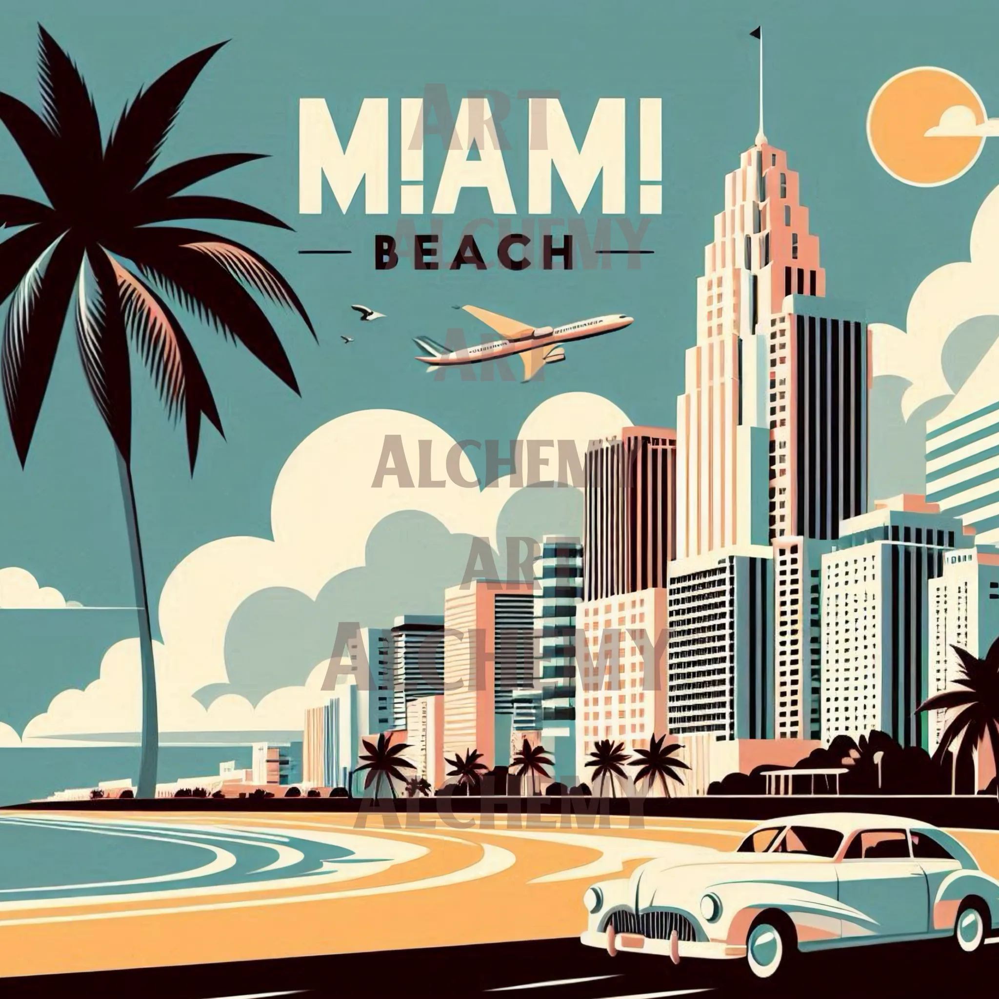 Miami_Beach_Wm art deco vintage aialchemyart.co.uk Wall art, retro art, best prints and posters in uk travel poster
