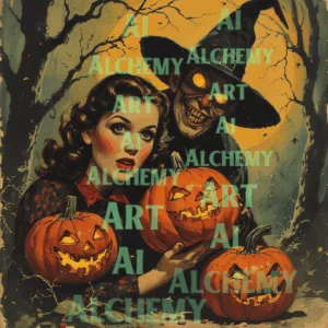 Beauty and the beast Halloween cards, vintage retro traditional greeting cards, aialchemyart.co.uk best ai vintage art in the uk. Prints and posters, wall art, art deco
