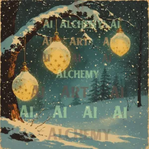 Vintage Christmas baubles in the snow. Retro, art deco Christmas cards for sale. Aialchemyart.co.uk, best wall art, prints and posters, vintage designs uk