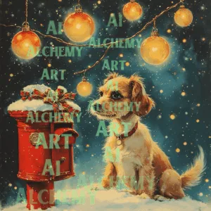Vintage cute dog Christmas cards. Aialchemyart.co.uk traditional Christmas cards, art deco, 1950’s. Ai wall art, prints and posters, retro, best vintage ai art uk
