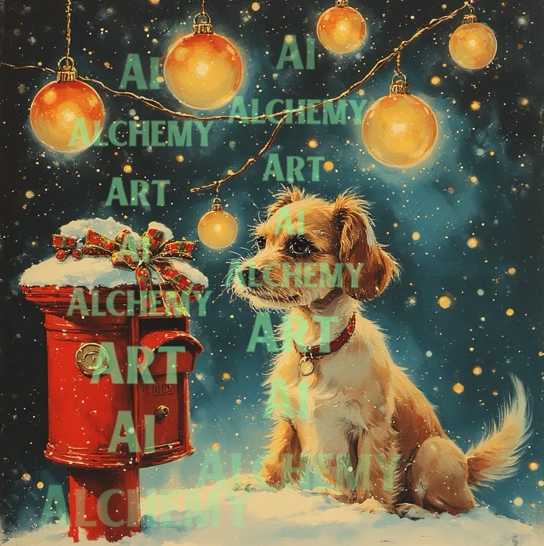 Vintage cute dog Christmas cards. Aialchemyart.co.uk traditional Christmas cards, art deco, 1950’s. Ai wall art, prints and posters, retro, best vintage ai art uk
