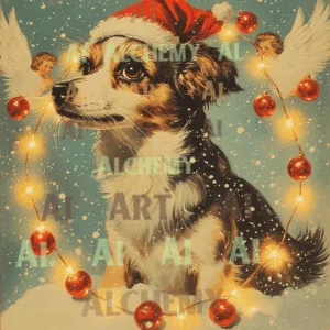 Vintage dog with Santa hat. Retro traditional greeting cards. Art deco prints and posters. Best ai art in the uk, vintage art, vintage wall art, wall art