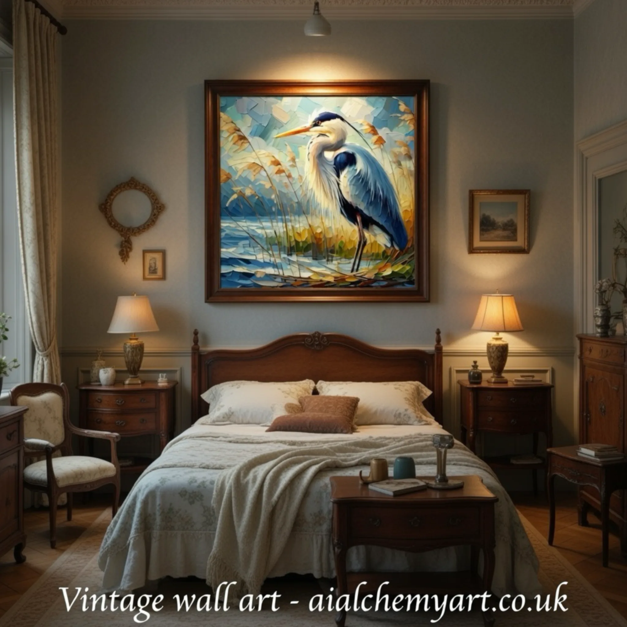 Vintage heron bird art. 1950’s animal bird Retro, vintage, art deco wall art, prints and posters, best art uk. Aialchemyart.co.uk