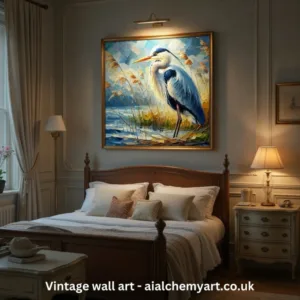 Vintage heron bird art. 1950’s animal bird Retro, vintage, art deco wall art, prints and posters, best art uk. Aialchemyart.co.uk