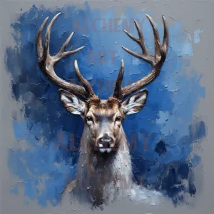 Majestic blue vintage stag. Best vintage, retro, art deco wall art, prints and posters uk. Aialchemyart.co.uk. Classic trending art