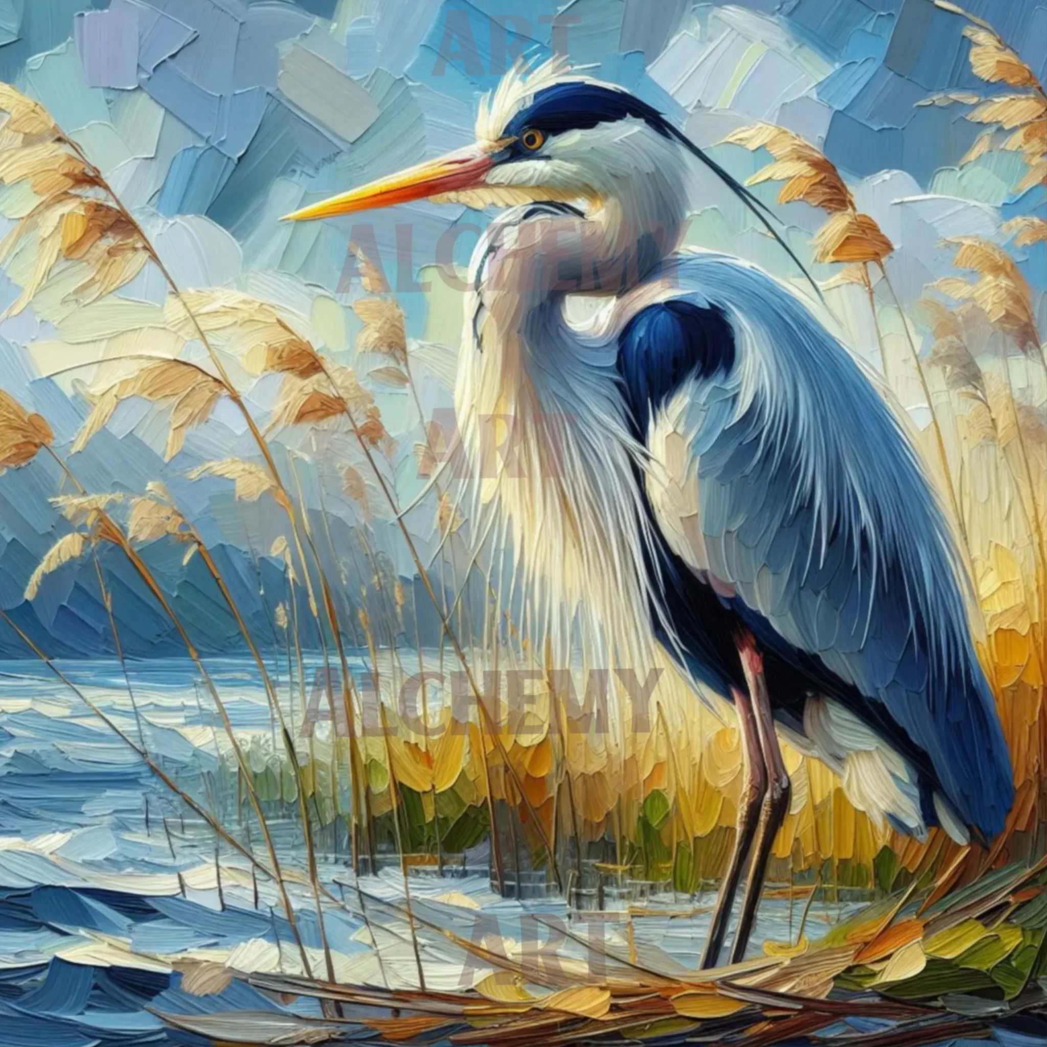 Vintage heron bird art. Nature wildlife animal wall art. Retro, vintage, art deco prints and posters, best art uk. Aialchemyart.co.uk Heron stand in shallow waters and reeds Impasto retro poster art