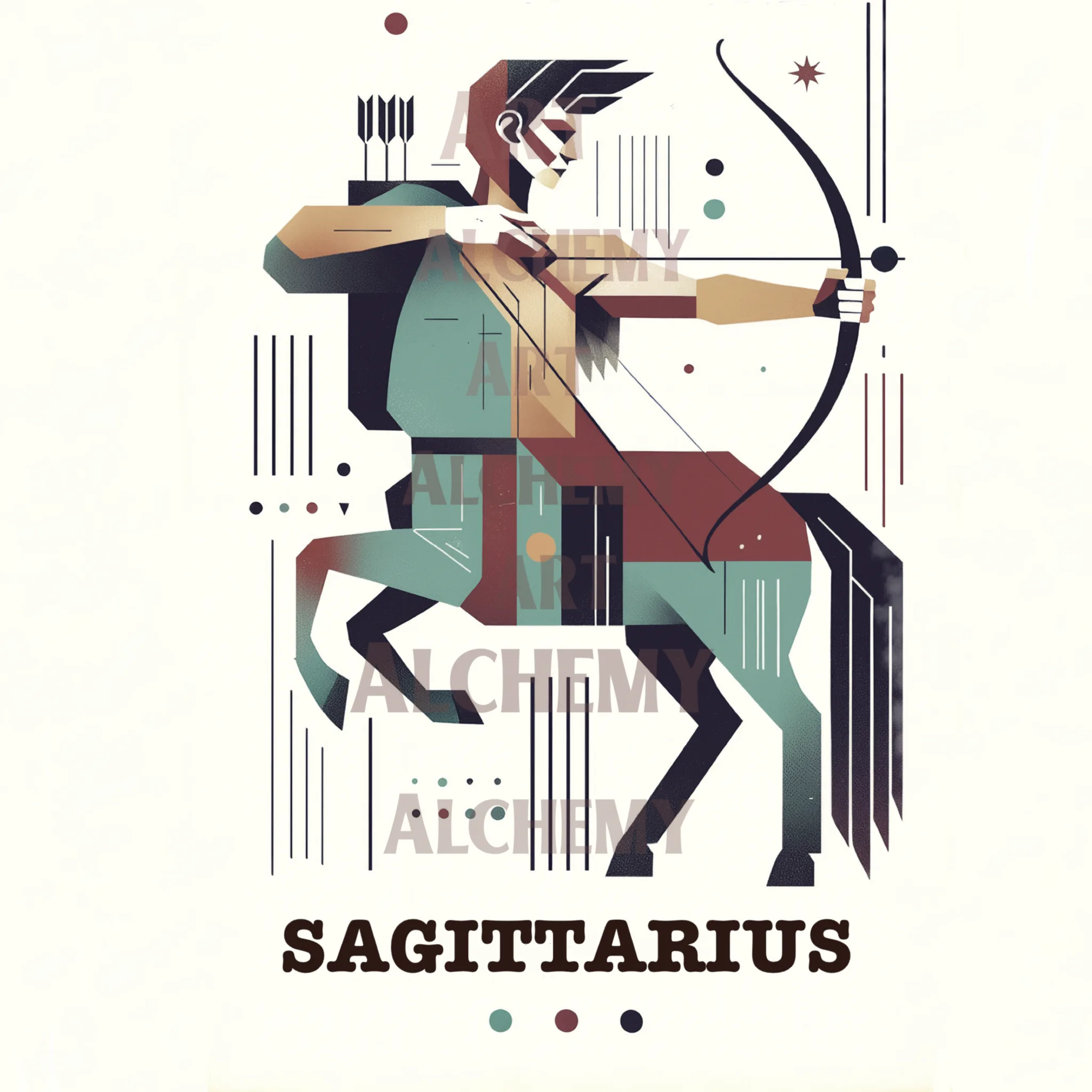 Vintage zodiac astrology star sign Sagittarius the archer Aialchemyart.co.uk art deco wall art, retro prints and posters, best art uk.