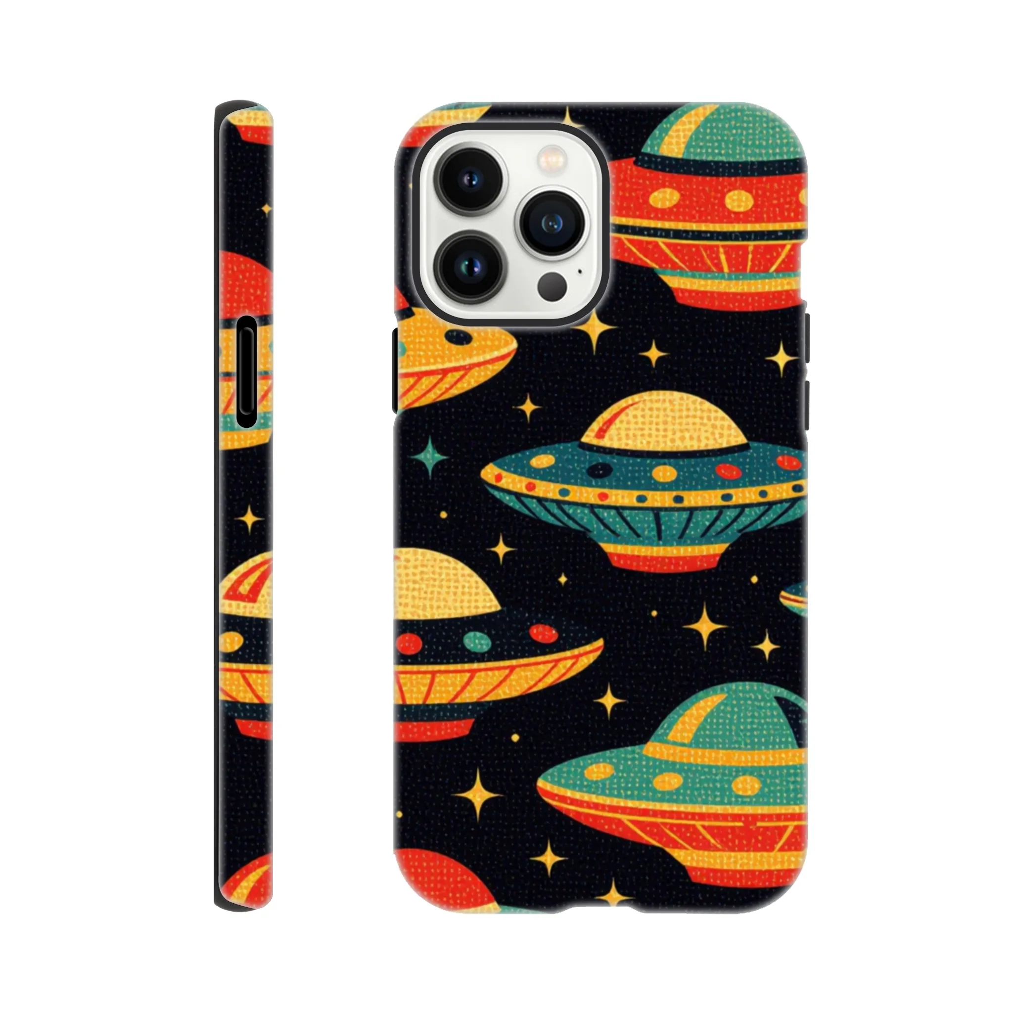 Vintage 1950’s retro tough protective phone case design. Trending vintage art. Compatible with iphones, aialchemyart.co.uk Flying saucers 1950’s