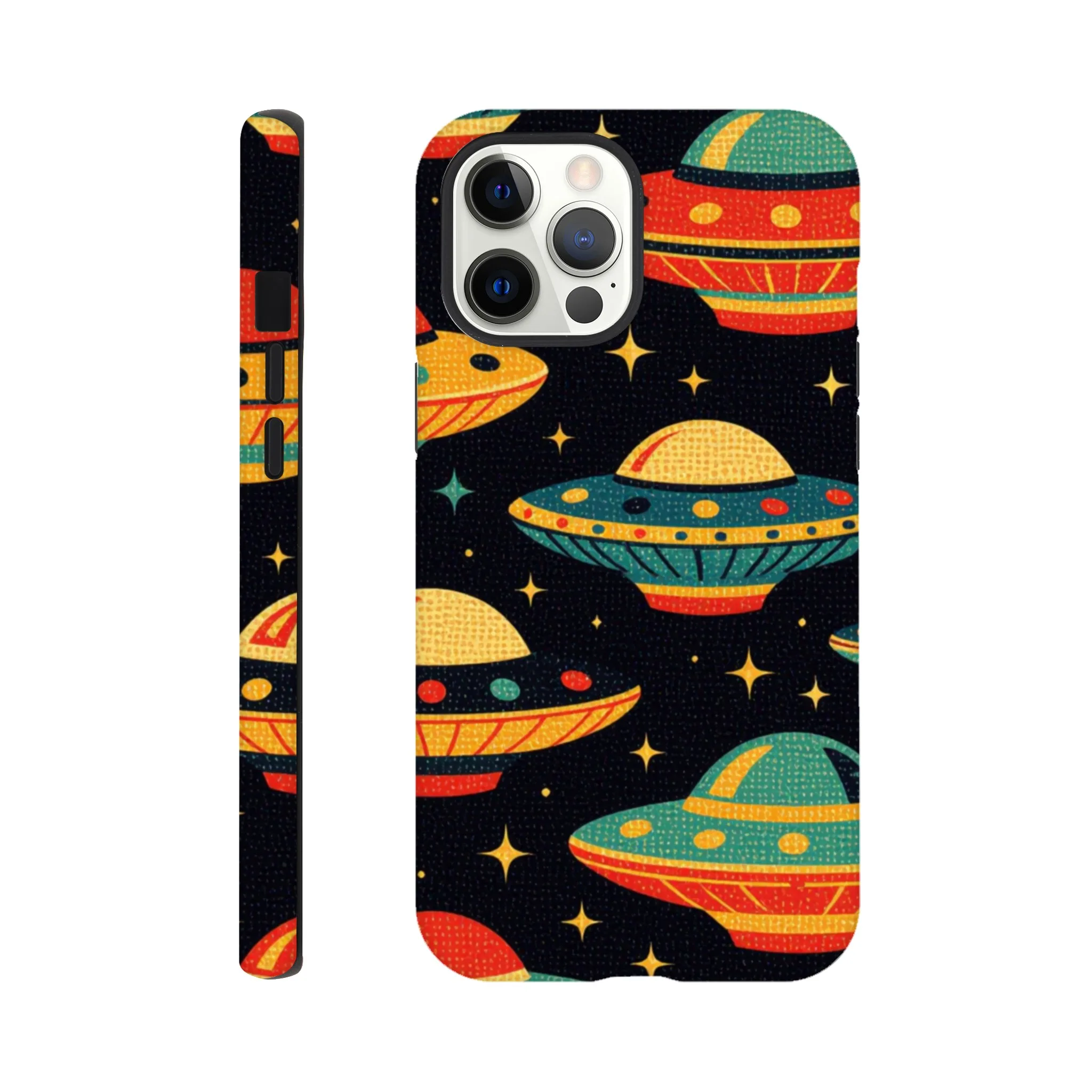 Vintage 1950’s retro tough protective phone case design. Trending vintage art. Compatible with iphones, aialchemyart.co.uk Flying saucers 1950’s
