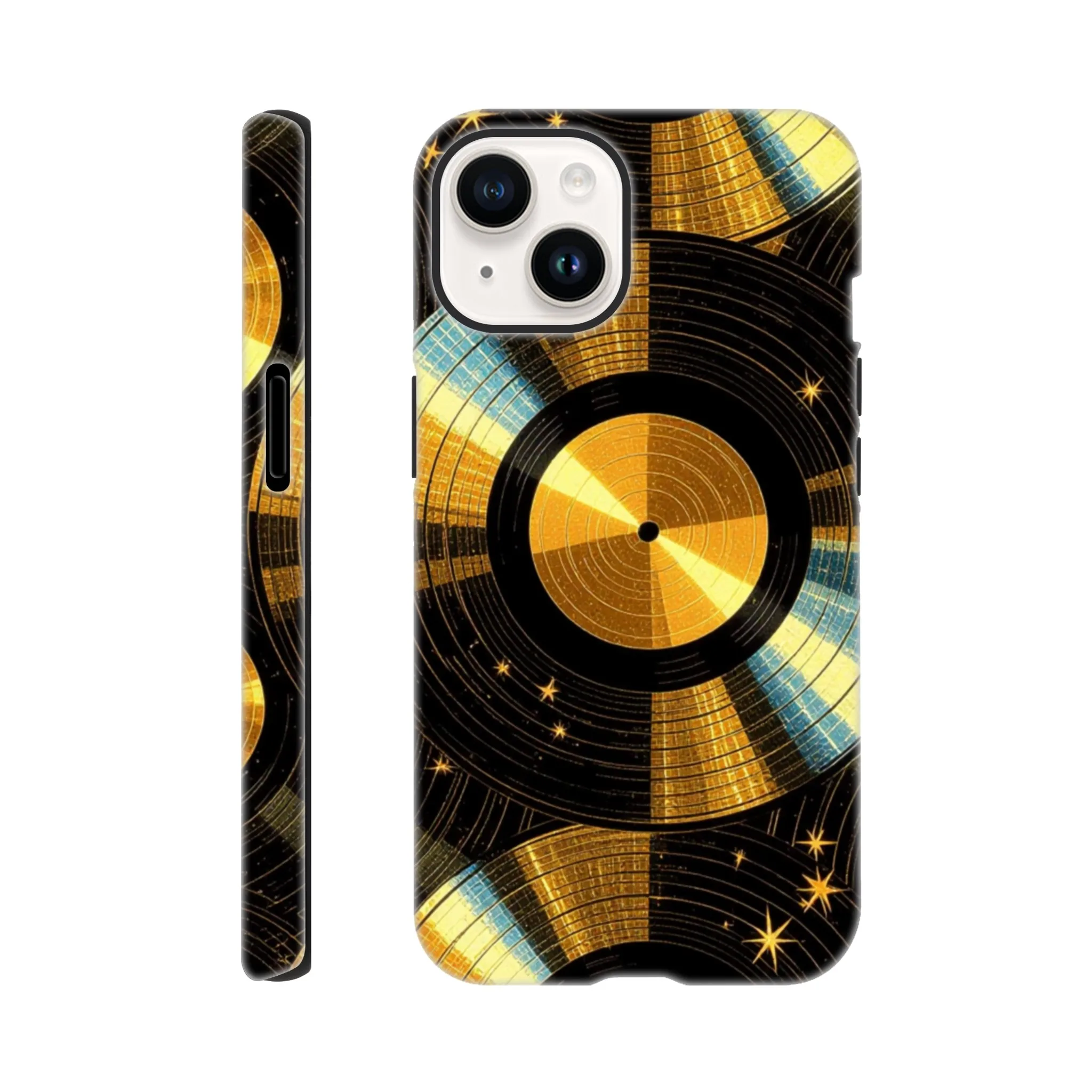 Vintage gold vinyl LP records, retro tough protective phone case. Best retro vintage phone cases in the uk. Trending mobile phone case. Compatible with iPhone models. Aialchemyart.co.uk